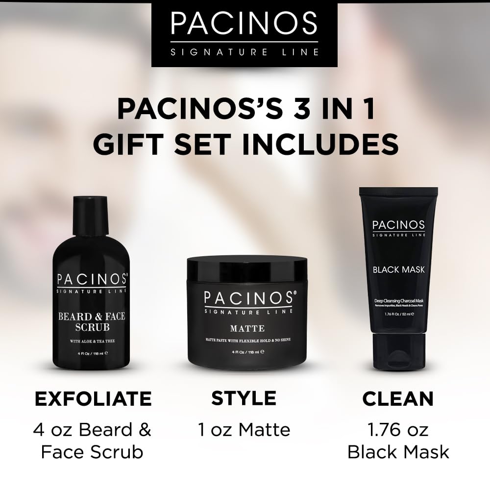 Pacinos Essentials Gift Set for Men - Beard and Face Scrub, Matte Hair Paste and Exfoliating Face Mask - Salon Quality Products - 3 Products