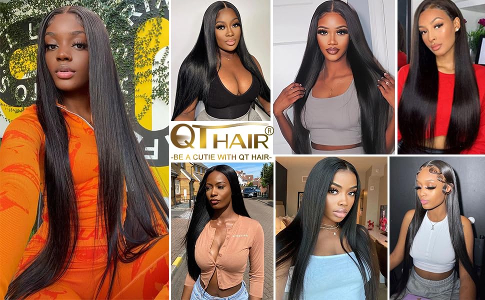 QTHAIR 14A Grade Brazilian Straight Human Hair Bundles with Closure(14" 14" 16"+12"Free Part Lace Closure,Natural Black) 100% Unprocessed Brazilian Virgin Hair Extensions for All Women