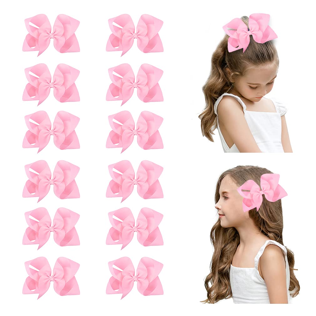 DEEKA 12 PCS 6" Big Hand-made Grosgrain Ribbon Hair Bow Alligator Clips Hair Accessories for Little Teen Toddler Girls - Light Pink