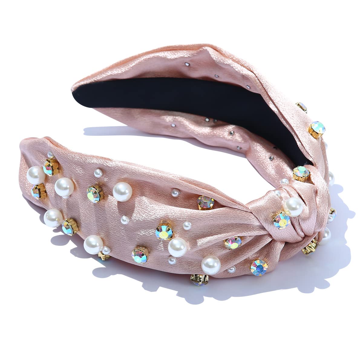 FEDANS Satin Headbands for Women Knotted Rhinestone Crystal Headband Pearl Jeweled Champagne Hairband Ladies Hair Accessories