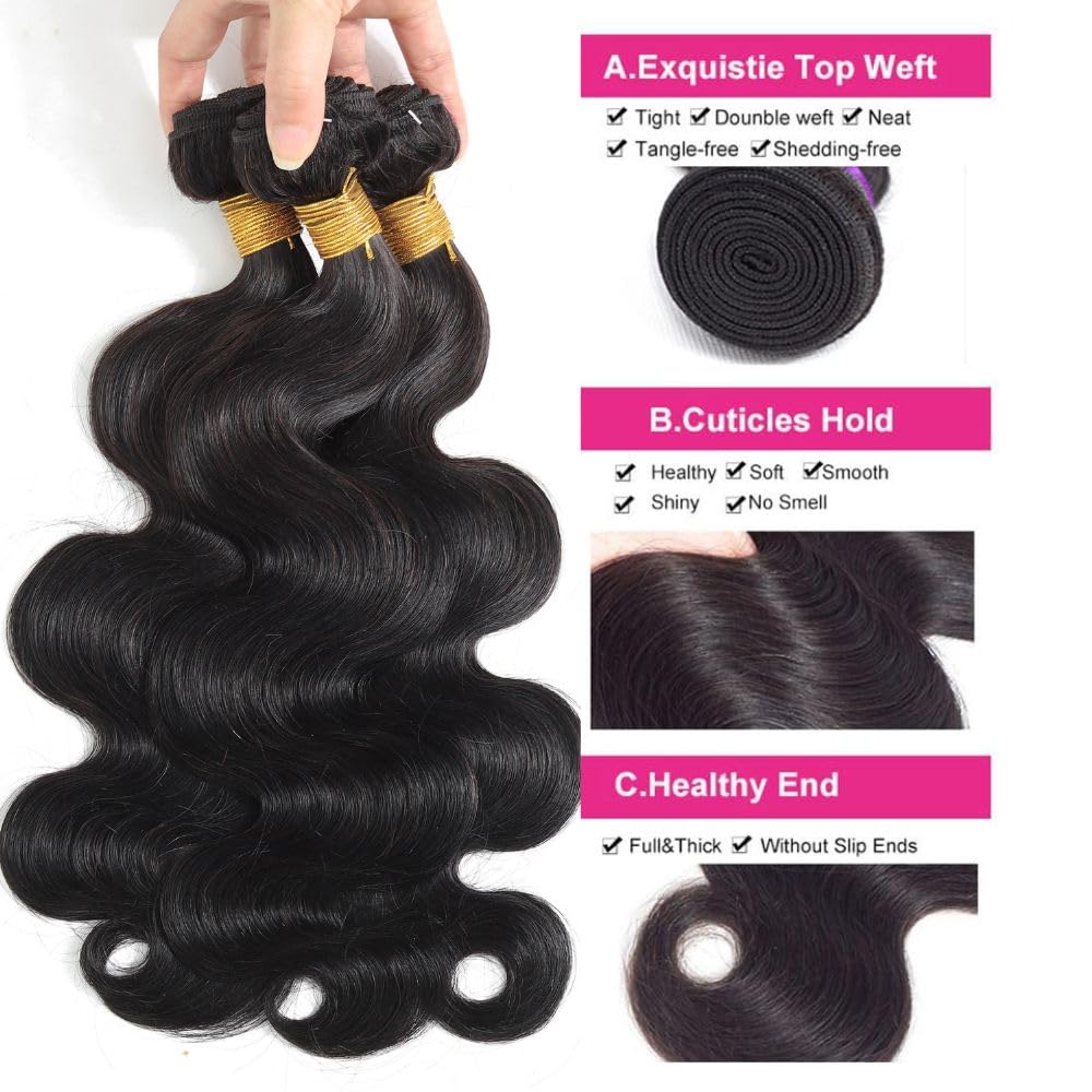 Body Wave Bundles with Closure(10/12/14+10 Free Part Closure) Human Hair 3 Bundles with Free Part Closure Human Hair Braziian Virgin Human Hair Bundles with 4x4 inch Hand-Tied Lace Closure