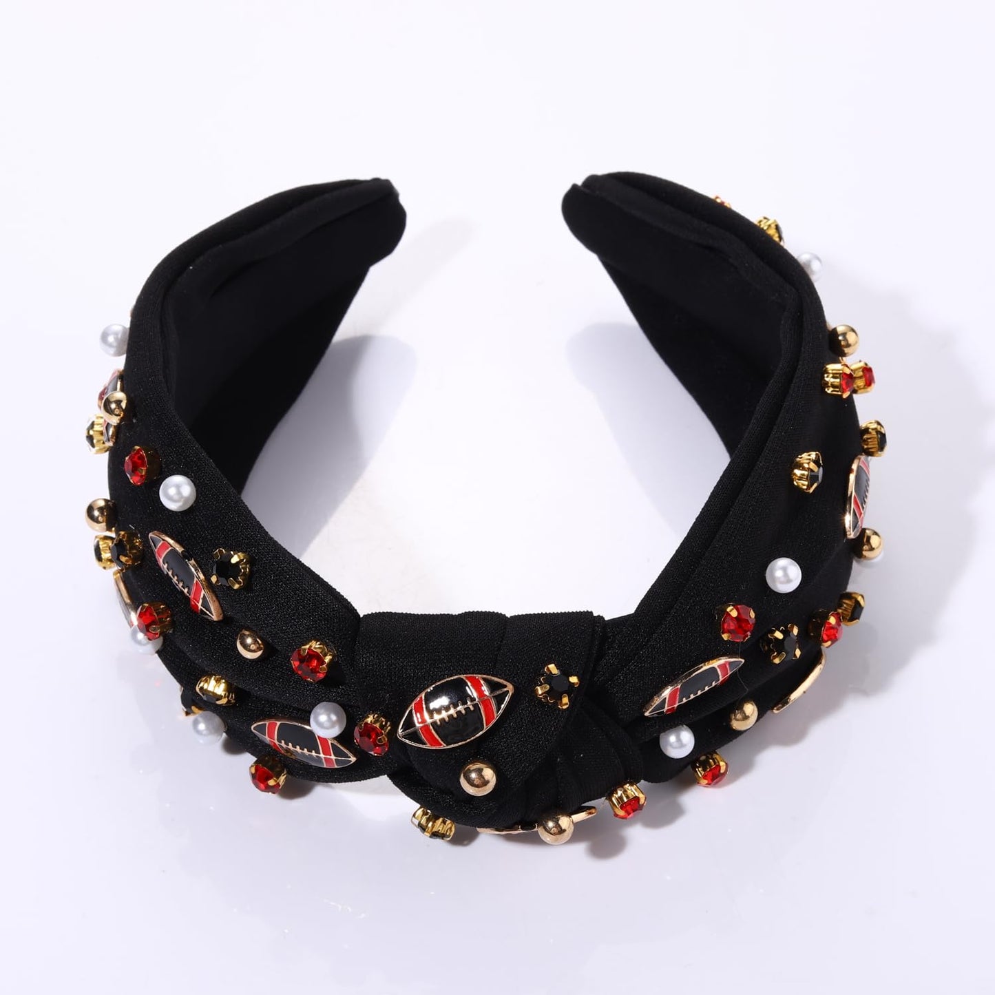 NVENF Football Headband for Women Football Mom Accessories Game Day Football Knotted Headband Jeweled Rhinestone Crystal Wide Top Knot Headband Black Red Game Day Hair Accessory (Red 3)