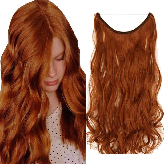 iLUU Copper Red Color Invisible Wire Hair Extenison 18" 80g Long Thick Smooth Heat Resistent Fiber Curly Wavy Hair Pieces Synthetic Hair Extensions for Women Girl Lady (#119 Orange Red)