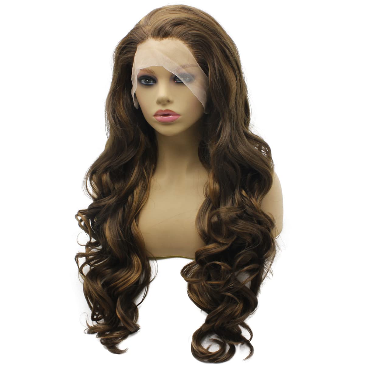 Iewig Long Wavy Highlight Brown Natural Lace Front Wig Synthetic