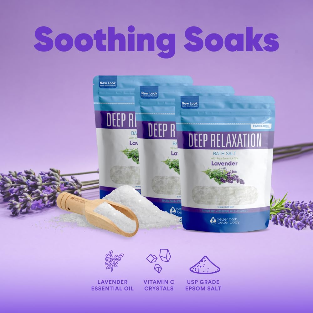 Deep Relaxation Bath Salt (3-Pack Plus Scoop) Relaxing Bath Soaks with Pure Essential Oils in BPA Free Pouch with Press-Lock Seal Made in USA, 3-Pack of 2-lbs, 6-lbs Total with Bamboo Scoop