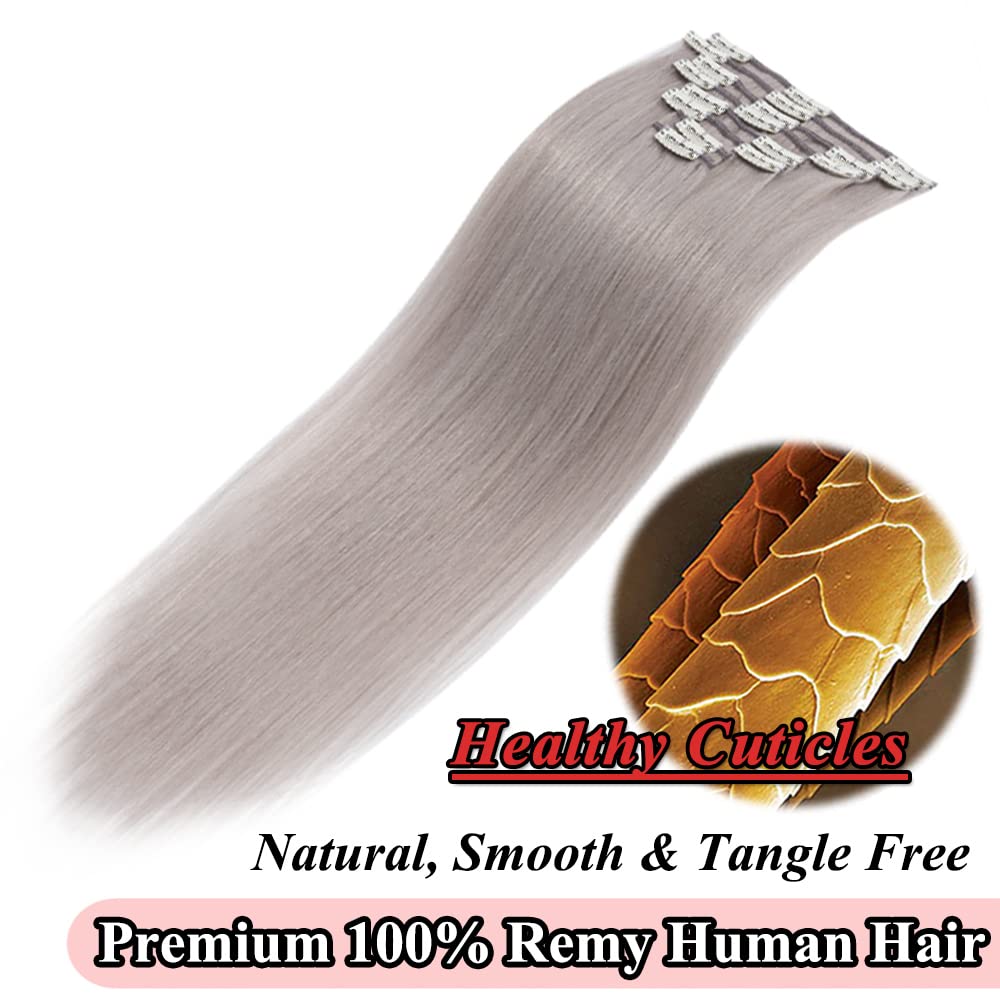 MY-LADY Clip in Hair Extensions Real Human Hair Gray 16 Inch 65g Remy Hair Grey 8pcs Weft Balayage Full Head Silky Natural Straight for Women