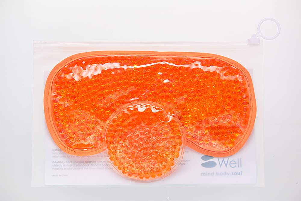 HOT +Cold Aqua Pearls Plush Eye Mask with Soft Plush Backing and Fully Adjustable Strap, Bonus Mini Round pad-2PACKS(Orange, Eye Mask+ Mini Round Pad)