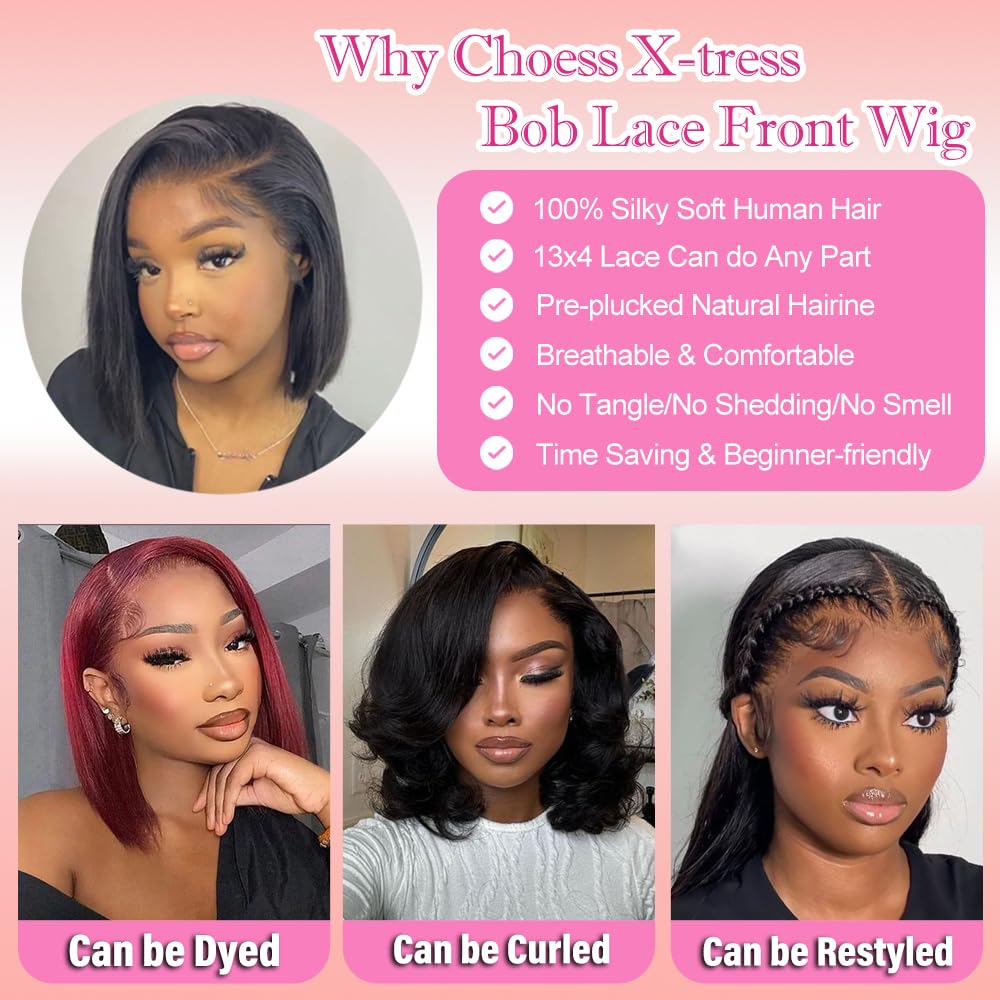 X-TRESS Short Bob Lace Front Wigs Human Hair 13x4 Transparent Lace Front Wigs Human Hair Pre-plucked Tiny Knots 12 Inch Glueless Straight Bob Wigs for Black Women Human Hair