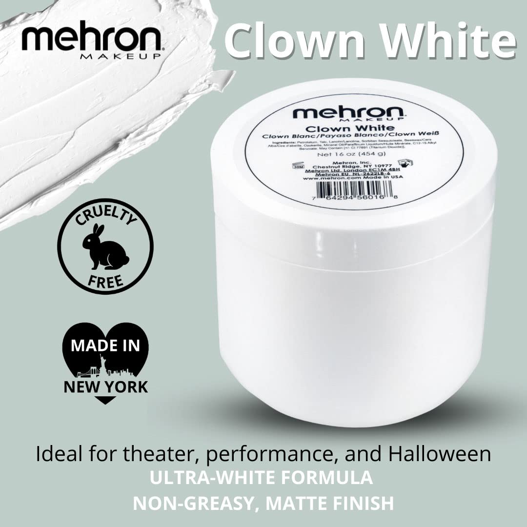 Mehron Makeup Clown White Professional Face Paint Cream Makeup | White Face Paint Makeup for Stage, Film, Cosplay, & Mime | Halloween Clown Makeup 16 oz (453g)