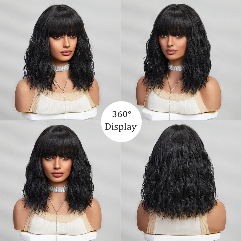 Short Black Hair Wig,Shoulder Length Bob Curly Wavy Black Wig With Bangs for Women, Charming Heat-resistant Synthetic Hair Wigs for Date Daily Use