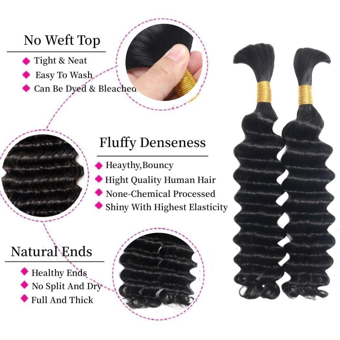 Human Braiding Hair Deep Wave Bulk Human Hair 20 Inch for Boho Braids Hair Extensions No Weft Brazilian Human Hair 2 Bundle Wet and Wavy Human Hair Braiding Hair Natural Black (1Pack-2 Bundle-100g)