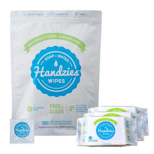 Handzies Soap and Water Wipes Free&Clear Bundle 100 Individually Packaged Singles and Three 30ct Soft Pack