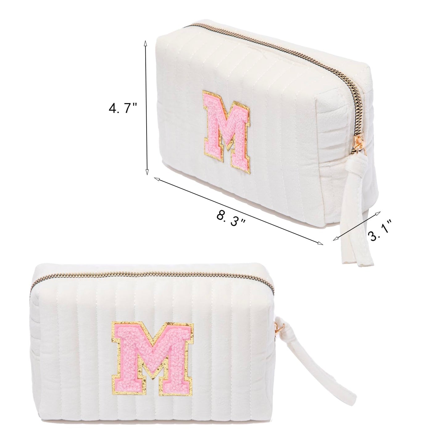 Ouksma Initial Cosmetic Bag Monogrammed Makeup Pouch Toiletry Bag with Zipper Makeup Organizer Cosmetic Pouch (M, White Velvet/Pink Letter)