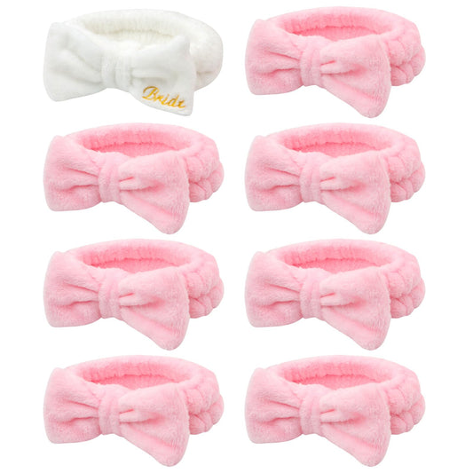 Semato 8 Pcs Bachelorette Party Favors Set Bride Spa Headband 1 Pack Bride White Headband and 7 Pcs Bridesmaid Pink Headband Skincare Headbands for Women Cute Bow Head Bands Party Supplies