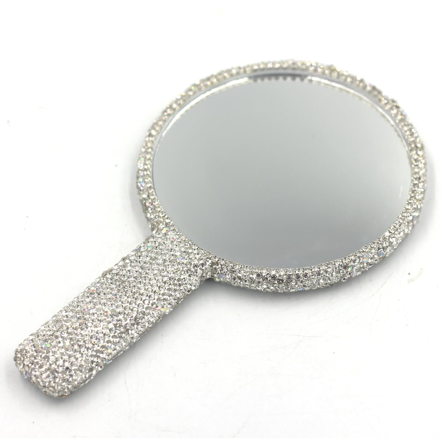 Bestbling Rhinestone Hand Mirror - Bling Mirror with Dazzling Rhinestones, Perfect for Makeup and Decoration - Ideal Gift for Women and Girls (Round Silver)