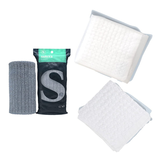 SUTERA - Exfoliating Shower Towel Gray and Waffle Bath Towel White BundleBundle Short