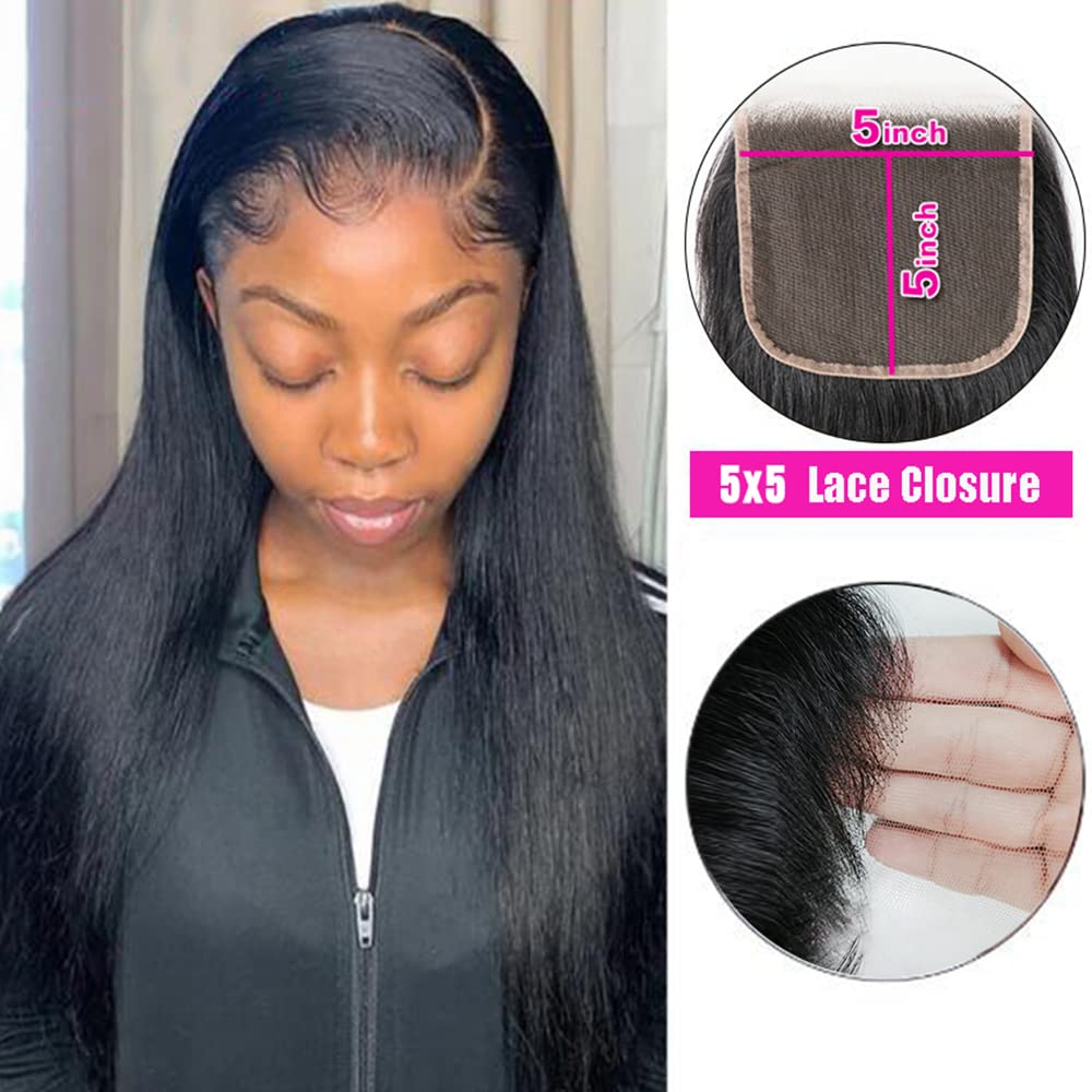 Cheap 5X5 hd Lace Closure Human Hair HD Transparent Lace Closure 5X5 Straight 100% Unprocessed Brazilian Human Hair Closure For Black Women Pre Plucked With Baby Hair Free Part Natural Color 20 Inch