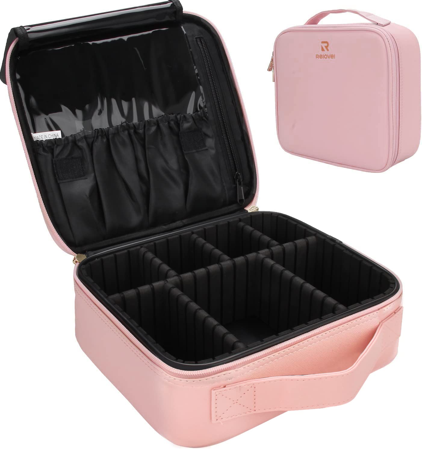 Relavel Travel Makeup Train Case Makeup Cosmetic Case Organizer Portable Artist Storage Bag with Adjustable Dividers for Cosmetics Makeup Brushes Toiletry Jewelry Digital Accessories (Pink)