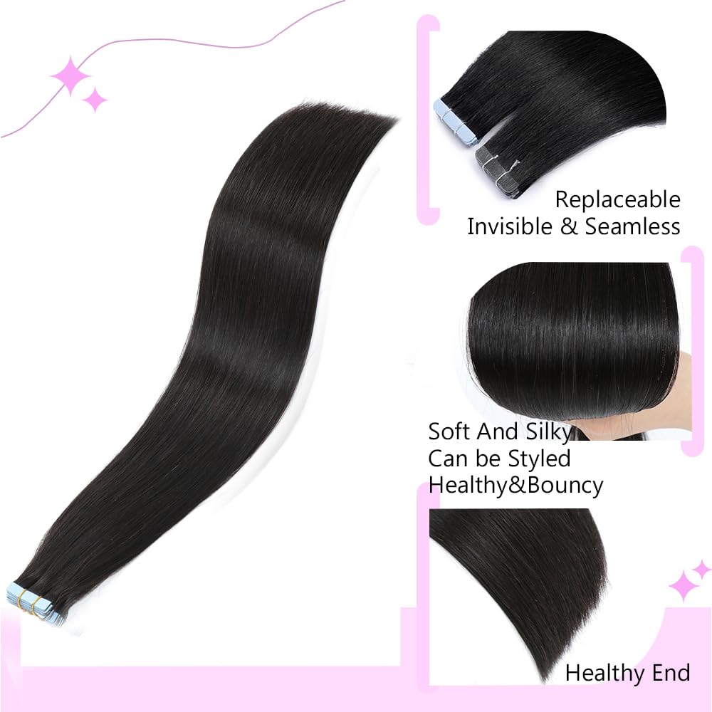 ELFSECRET Human Hair Tape In Hair Extensions Natural Black Color Seamless Invisible PU Skin Weft Tape in 100% Real Human Hair Silky Straight Hair Extensions Soft Thick End (14 Inch, 1B Natural Black)