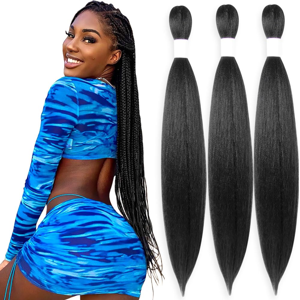 KAVSORAPI Braiding Hair 30 Inch Pre Stretched Hair Color 1 Long Straight Crochet Braids Yaki Synthetic Hair 3 Packs (1#/Jet Black)