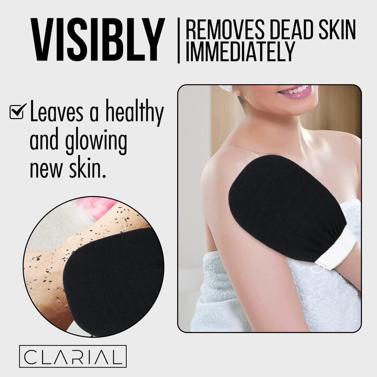 Clarial Exfoliating Body Scrub for Bath & Shower Use - Face Scrubber & Body Exfoliator for Dead Skin Remover - Korean Exfoliating Glove Shower Scrub for Men and Women - Single Black