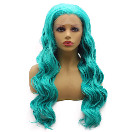 Iewig Long Wavy Blue Synthetic Lace Front Wig Heat Resistant Fiber Hair