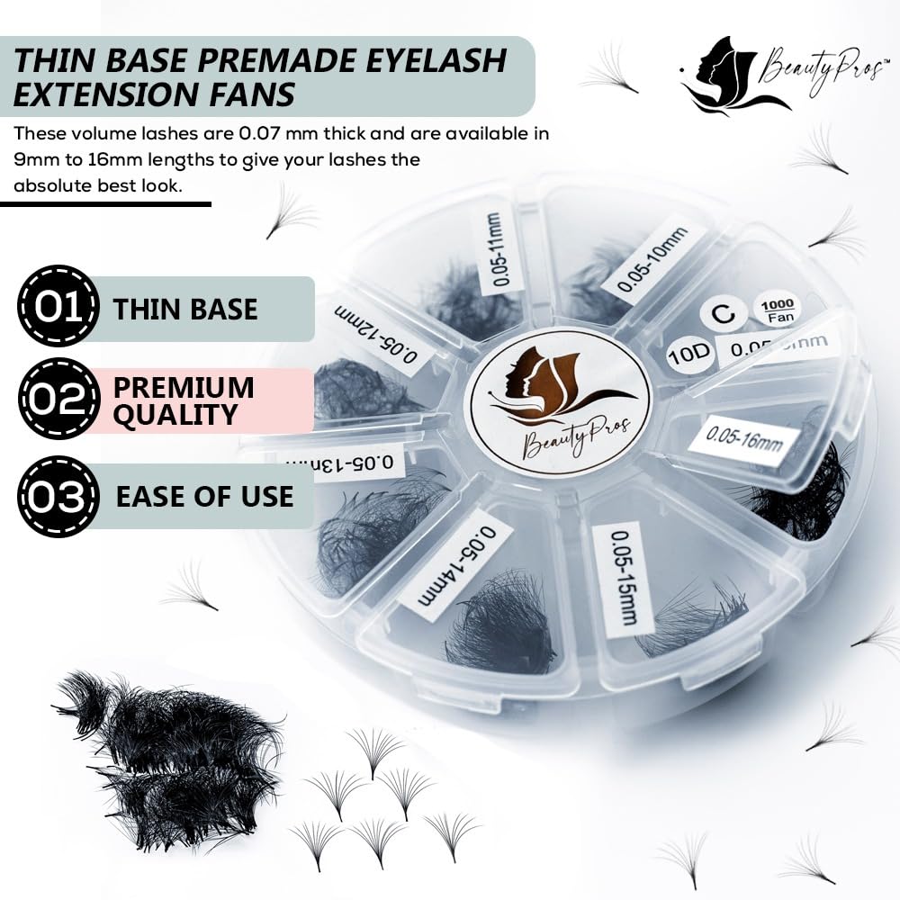 BeautyPros 5D Premade Volume Lash Extension Kit- 5D Mixed Tray 500 Premade Fans Eyelash Extensions - Premade Lash Fans Pointed Handmade Premade - Loose Fans Thin Base (5D-0.07 C-Curl 9-16mm Green)