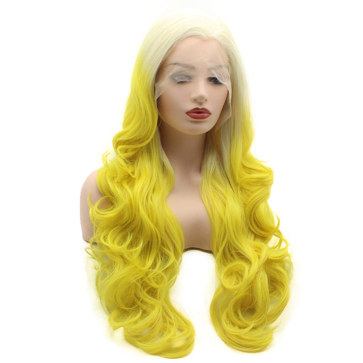 Meiyite Hair Wavy Long 26inch Blonde Root Yellow Ombre Heavy Density Realistic Synthetic Lace Front Wigs