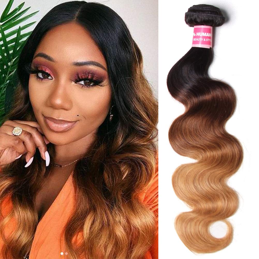 Sunber Ombre Brazilian Hair Bundles Body Wave 12A Grade Human Virgin Hair One Bundles 3 Tone 1B/4/27 Color Hair Extensions 16Inch T1B/4/27 Color