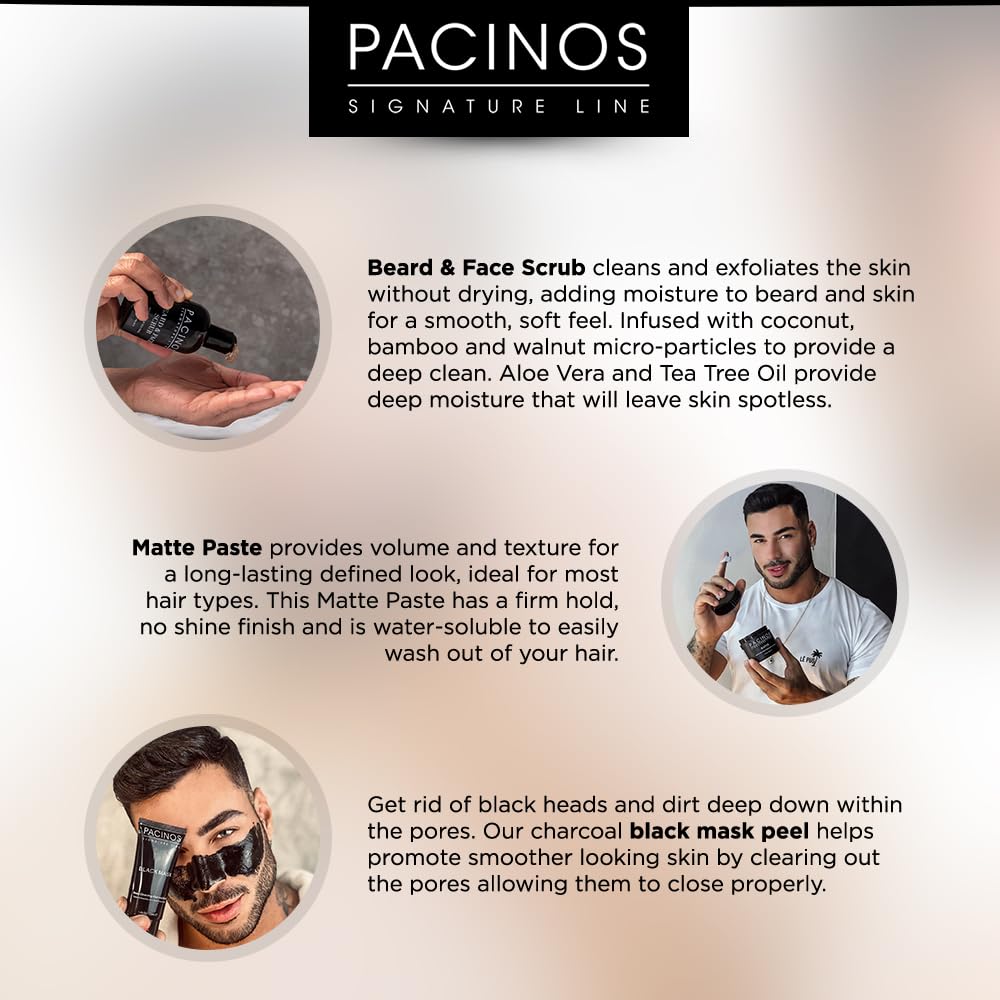 Pacinos Essentials Gift Set for Men - Beard and Face Scrub, Matte Hair Paste and Exfoliating Face Mask - Salon Quality Products - 3 Products