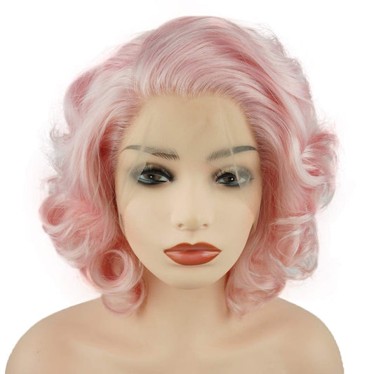 Meiyite Hair Wavy Short 10inch Pink Heavy Density Half Hand Tied Realistic Synthetic Lace Front Wigs