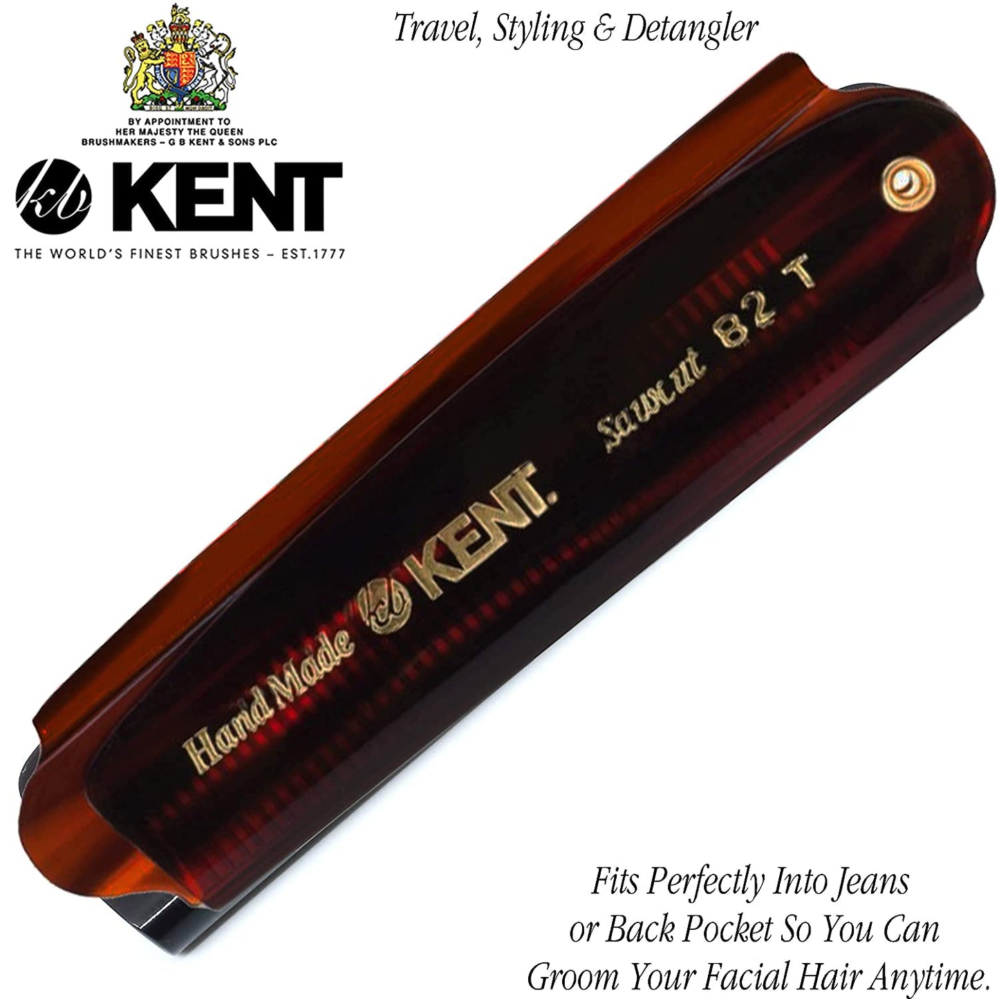 Kent 82T Handmade Folding Pocket Comb for Men, Fine Tooth Hair Comb Straightener for Everyday Grooming Styling Hair, Beard or Mustache, Use Dry or with Balms, Saw Cut Hand Polished, Made in England