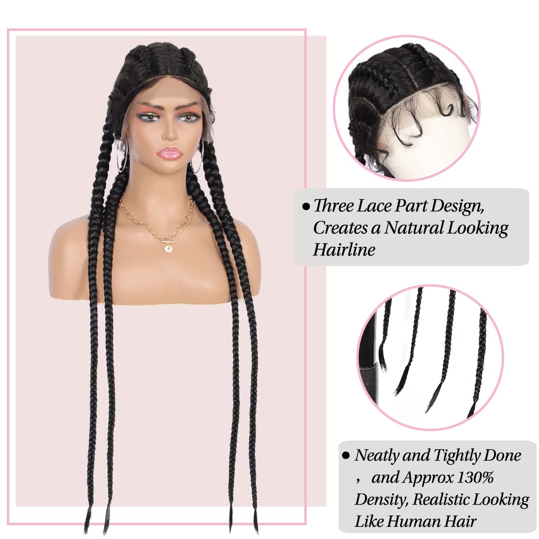 Kalyss 35" Hand-Braided Human Hair Blended Lace Front Box Braided Wigs with 360 Lace Front Black Double Dutch Braided Wigs for Women Heat Resistant Lightweight Twisted Braids Wig