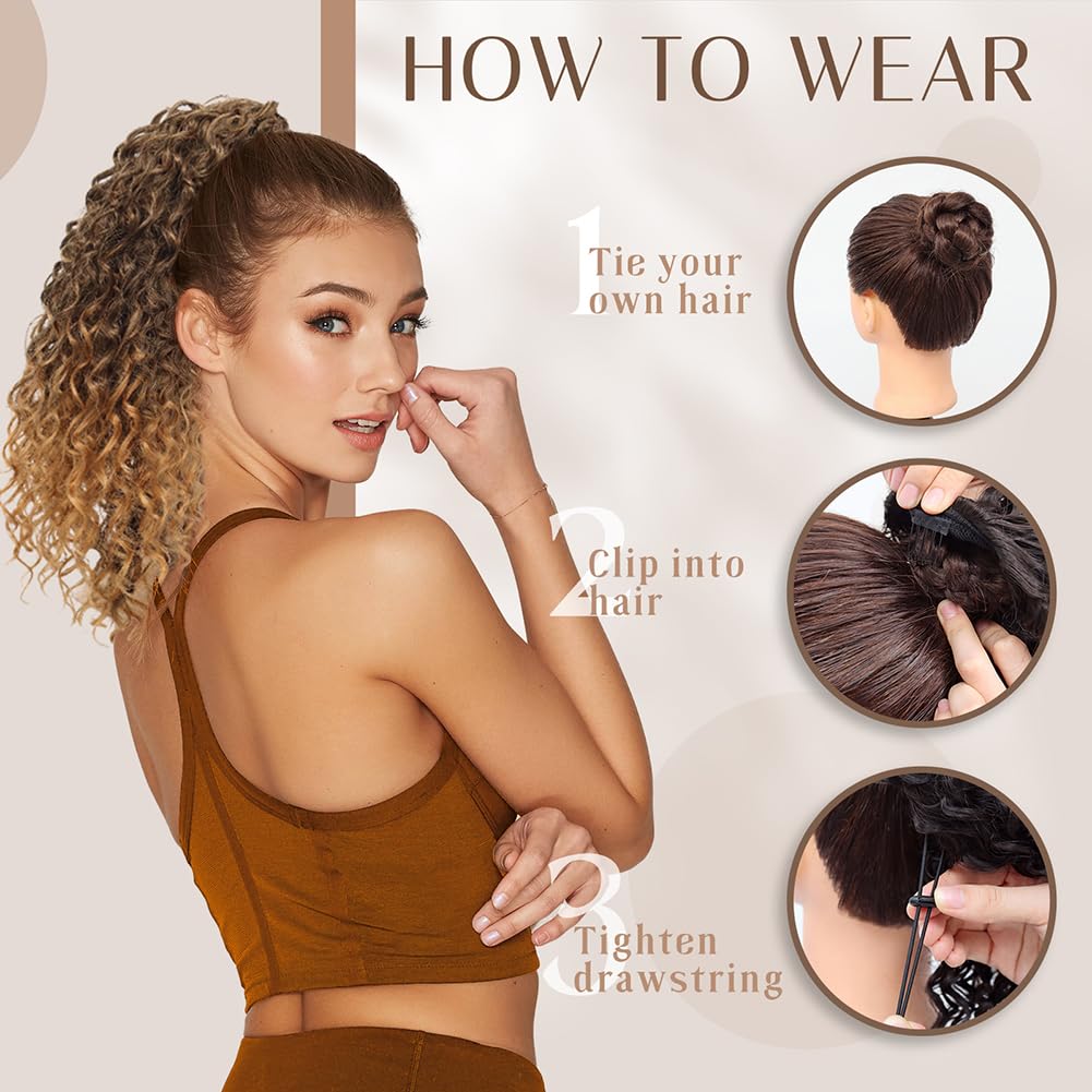 LOSMOEER Ponytail Extension 10 Inch Drawstring Ponytail Hair Extensions for Women Dark Brown Short Kinky Curly Ponytail Fake Hairpiece Daily Party Use