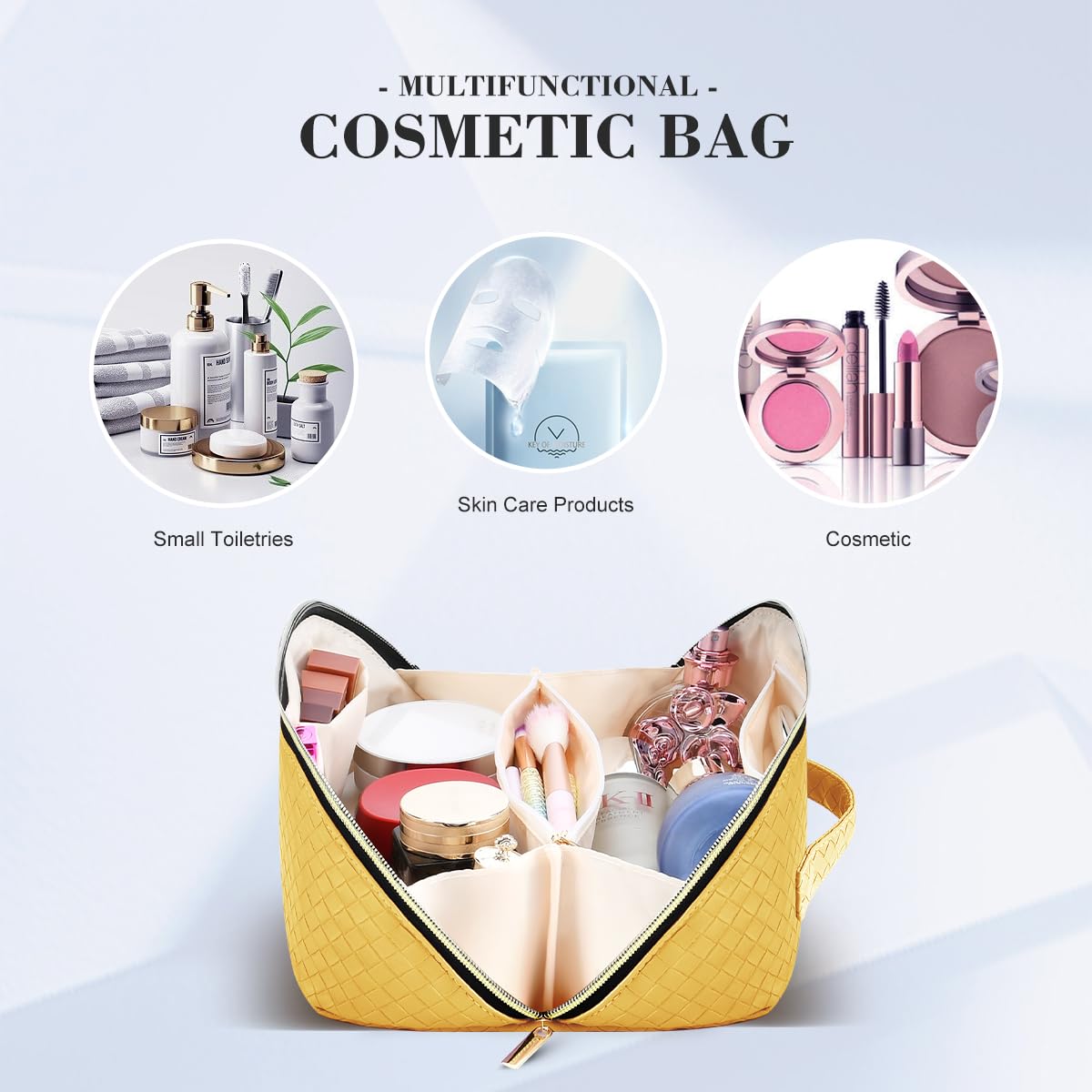 DTBG Travel Makeup Bag: Large Capacity Cosmetic Bag for Women, Portable PU Leather Waterproof Stuff Bag With Handle and Divider Flat Lay Makeup Pouch Toiletry Bag Birthday Gift for Women - Yellow