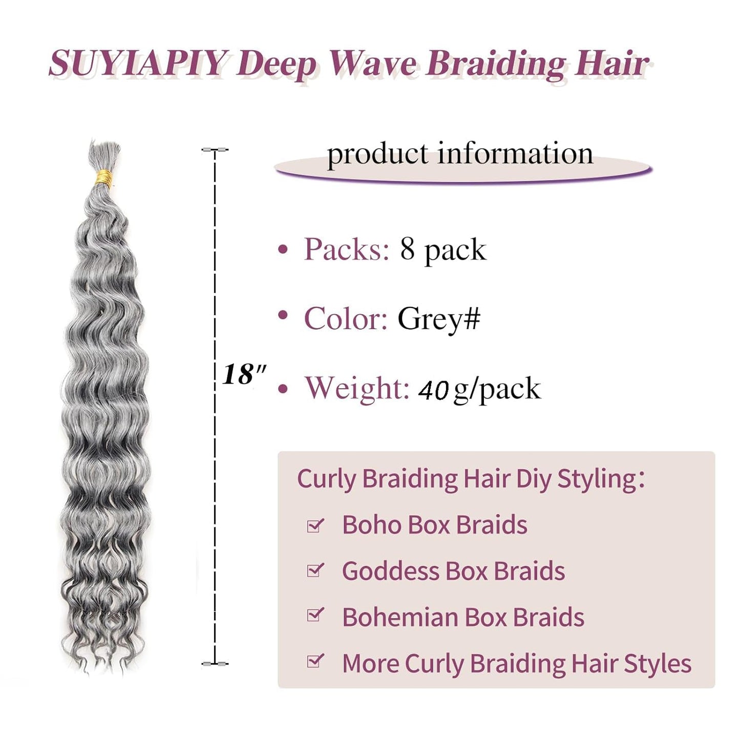 SUYIAPIY Boho Hair for Braiding Deep Water Wave Braiding Hair No Weft Grey Curly Braiding Hair Curly Braiding Hair for Boho Braids Wet and Wavy Braiding Hair (Grey#, 18 inch,8 pack)