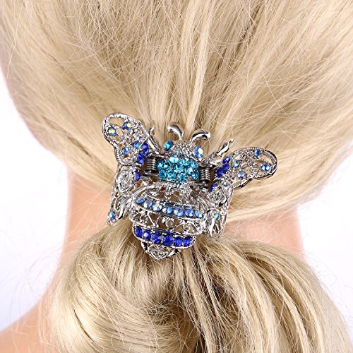 EVER FAITH Blue Crystal Adorable Honey Bee Insect Women Daily Hair Claw Clip Silver-Tone