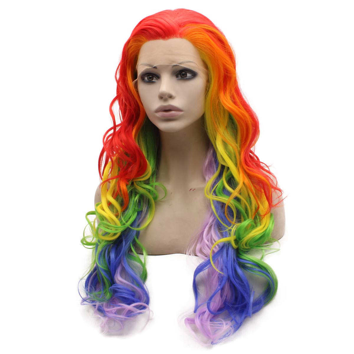 Mxangel Long Colorful Rainbow Ombre Heat Friendly Fiber Lace front Cosplay Party Wig