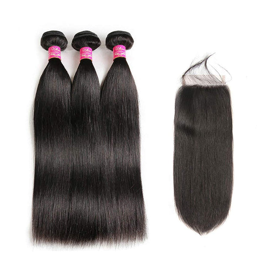 Brazilian Straight Human Hair Bundles With Closure Unprocessed Virgin Human Hair Bundles With Free Part Lace Closure Hair Extensions Natural Color (16 18 20 +14", Free Part)