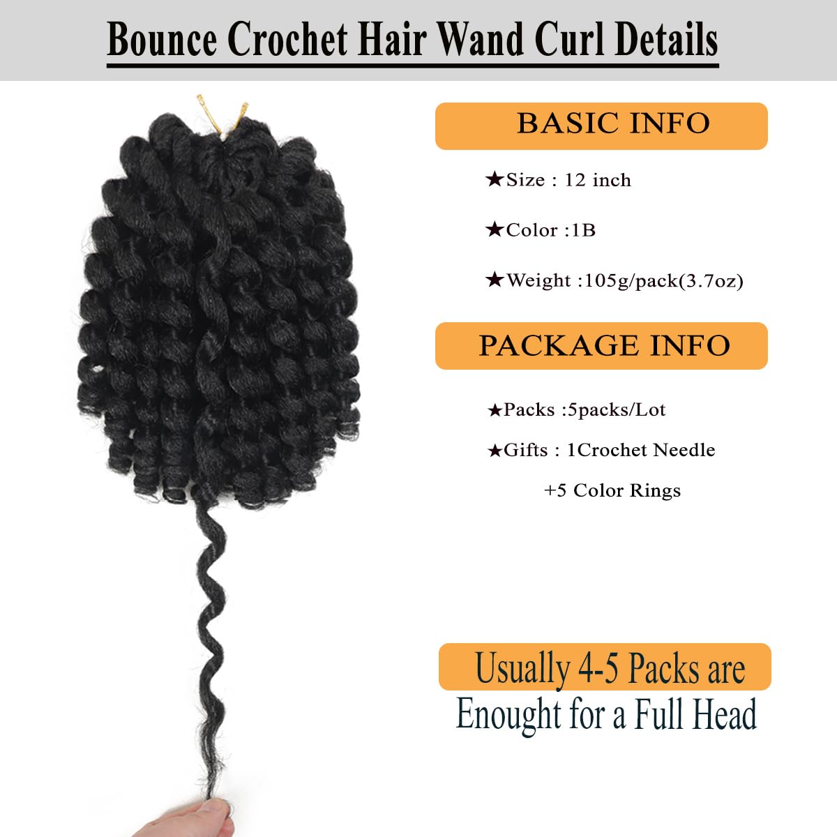 Wand Curl Crochet Hair 12 Inch 5PCS Jamaican Bounce Crochet Hair for Black Women Natural Black Jumpy Wand Curls Crochet Hair Short Curly Crochet Hair Extensions-1B