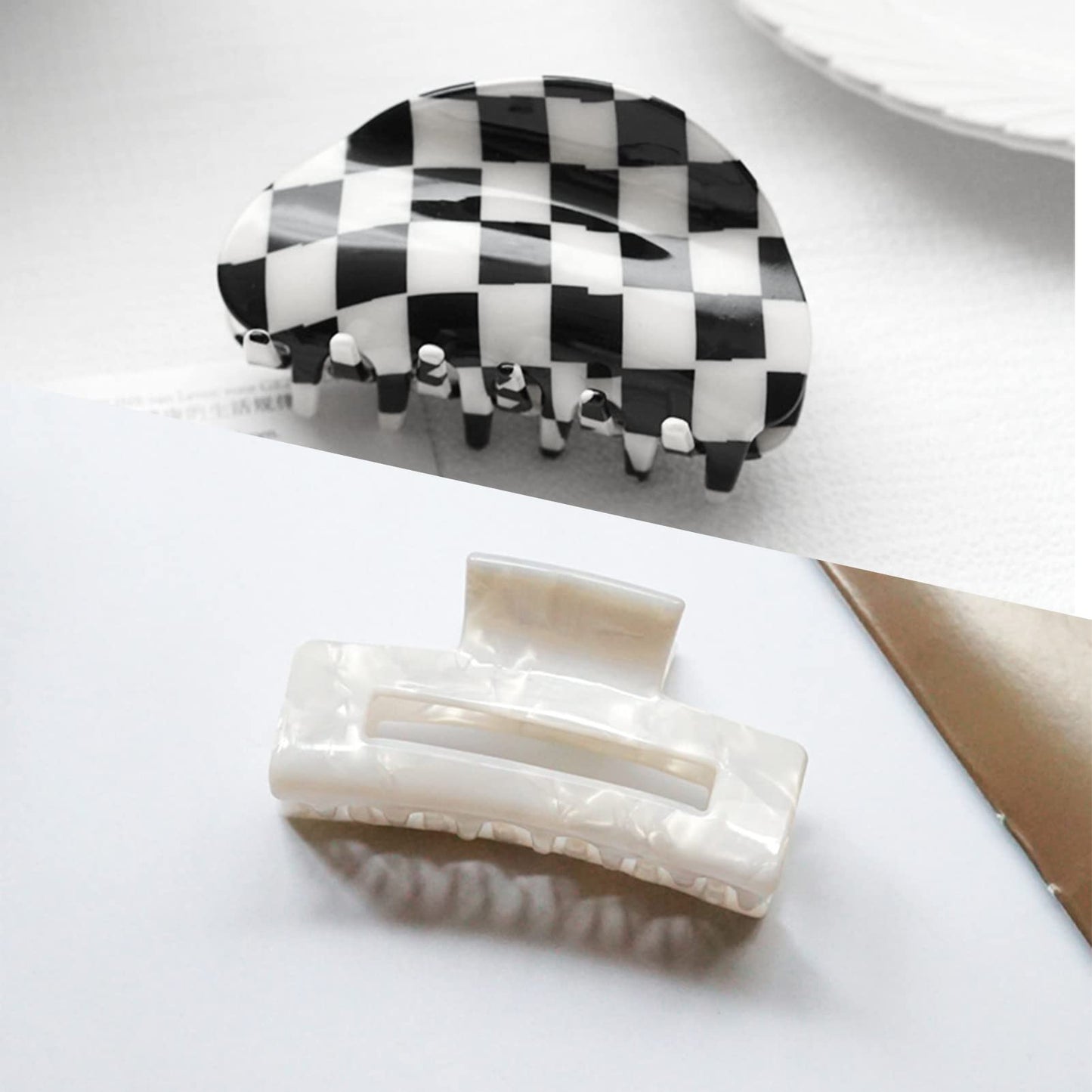 BOWEAR 6 PCS Checkered Hair Clips Black and White Checkered Claw Vintage Large Hair Jaw Strong Clip Claws Butterfly Lattice Amber Hair Barrettes for Women Girl Thin Thick Curly Straight Long Hair