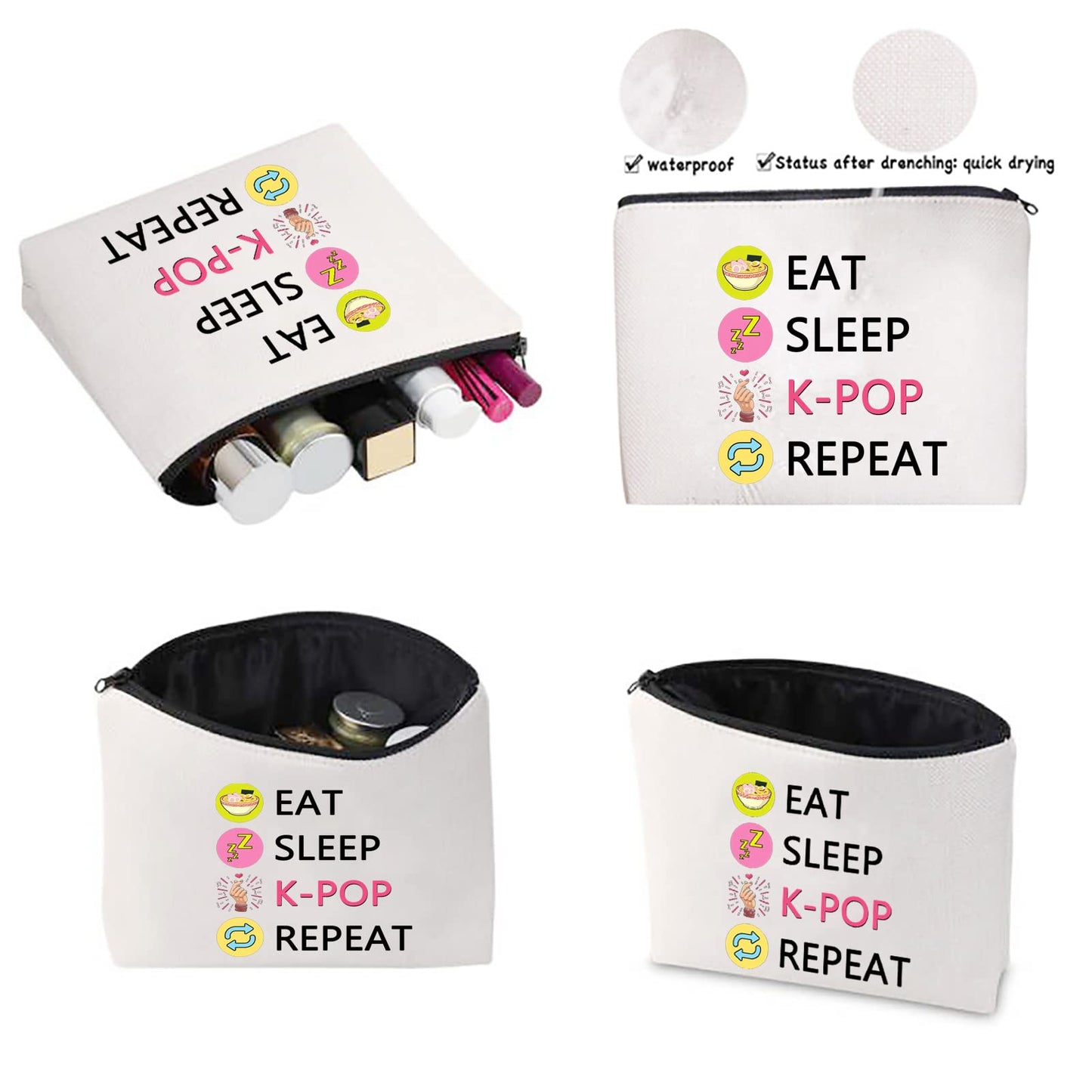 CMNIM K-POP Makeup Bag Eat Sleep K-POP Repeat Travel Pouch K-pop Merchandise Gift for Women Girl (Eat Sleep K-POP Repeat Travel Bag)