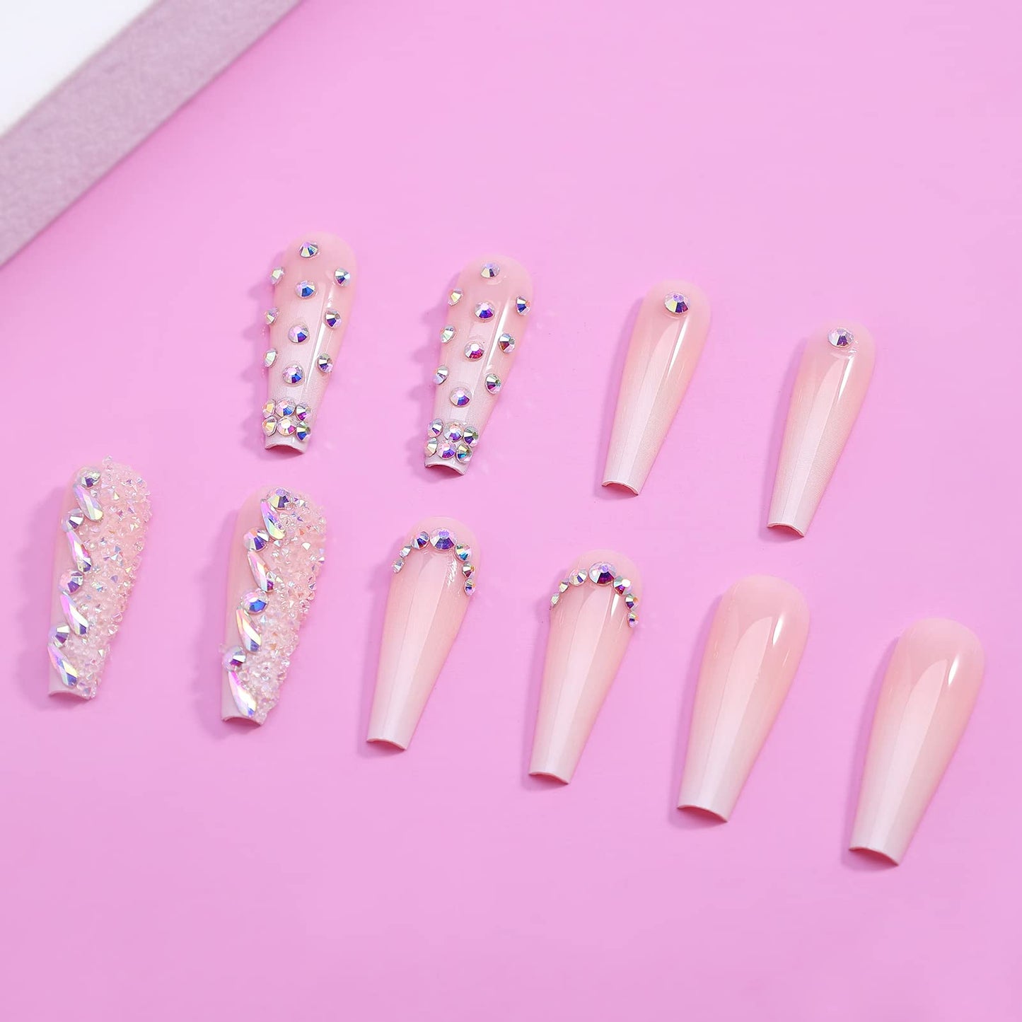 Artquee 24pcs French Nude White Ballerina Water Droplets Drill Flash Diamond Long Glossy Coffin Fake Nails Press on Nail False Tips Manicure for Women