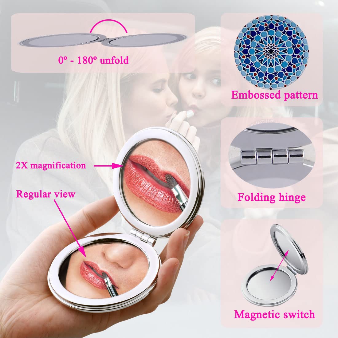 CigyYogy Small Compact Mirror Portable Folding Double Sided with 2X Magnification - Handheld Pocket Travel Makeup Mirrors - Mixed Embossed Designs - Gift for Girls Women Pack of 6