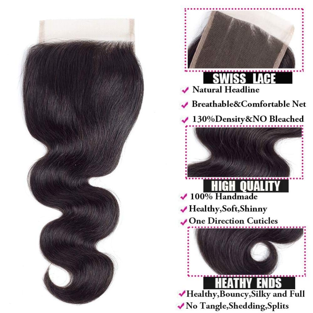 Body Wave Bundles with Closure(10/12/14+10 Free Part Closure) Human Hair 3 Bundles with Free Part Closure Human Hair Braziian Virgin Human Hair Bundles with 4x4 inch Hand-Tied Lace Closure