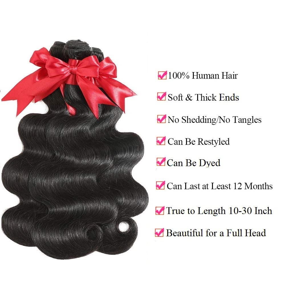 10A Brazilian Body Wave Bundles Human Hair 26 28 30 Inch 100% Unprocessed Human Hair Bundles Body Wave Remy Virgin Hair Weave Bundles Human Hair 3 Bundles 1B Black