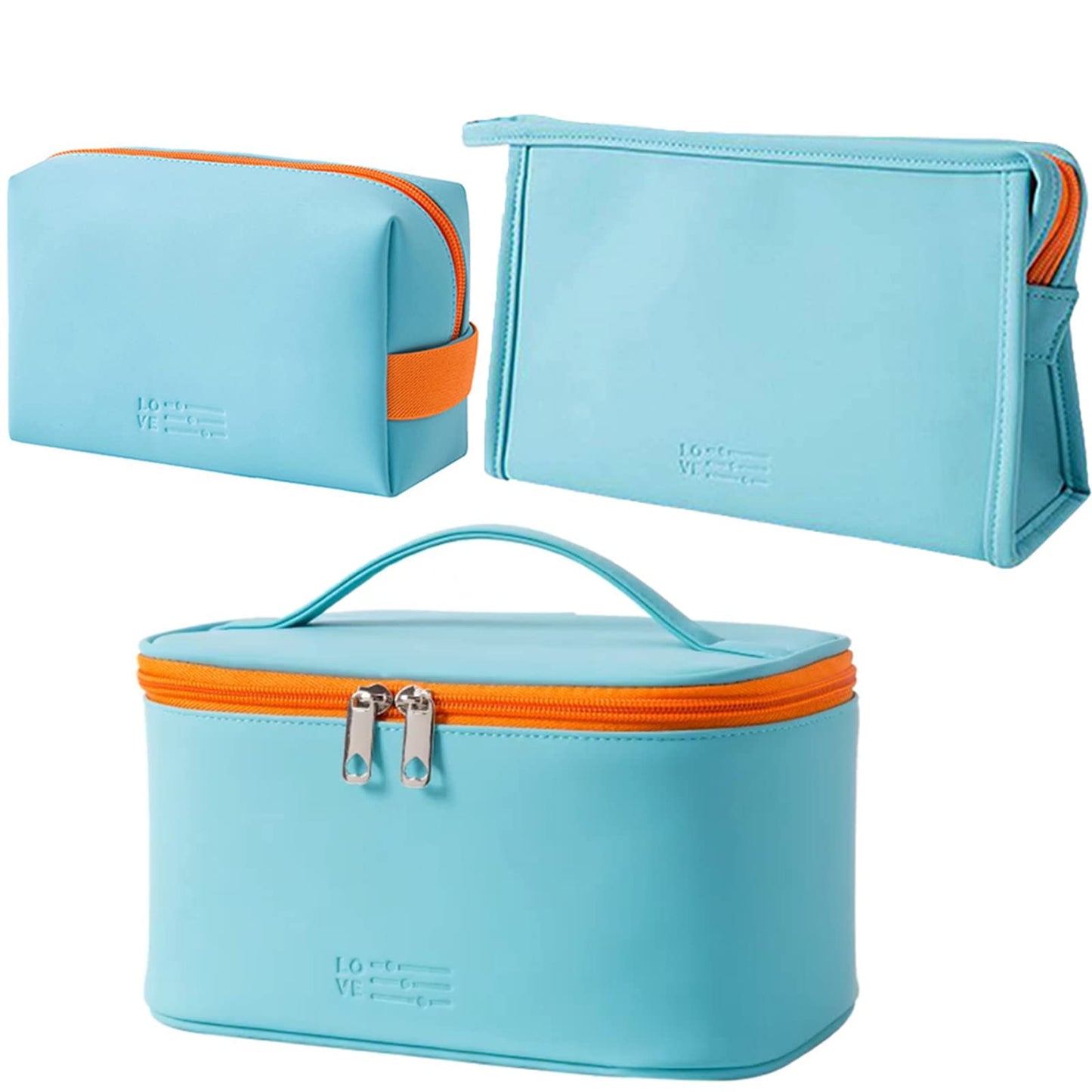 AUSEKALY Makeup Bag Cosmetic Bag Sets 3 Pcs For Women Travel Toiletry Bag for Girl Cute Large Make Up Bag With Brush Bag + Small Cosmetic Pouch Blue Orange