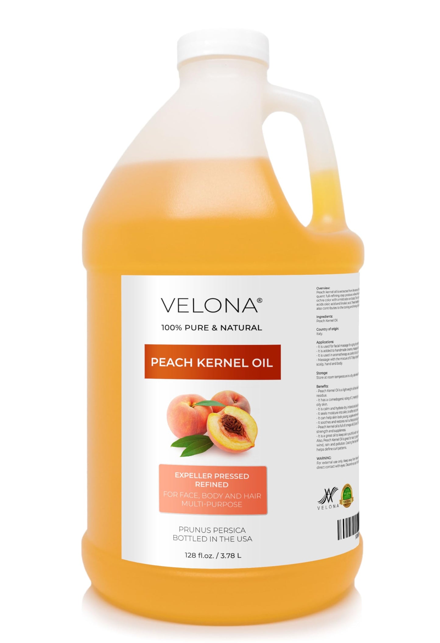 velona Peach Kernel Oil 1 Gallon / 128 Fl Oz | 100% Pure and Natural Carrier Oil | Refined, Cold pressed | Cooking, Skin, Hair, Body & Face Moisturizing | Use Today - Enjoy Results