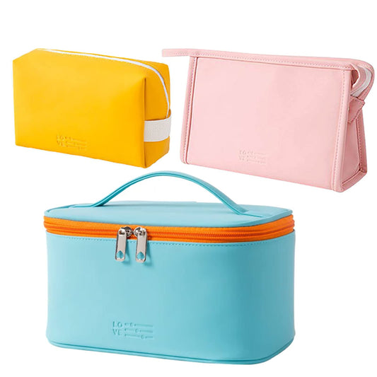 AUSEKALY Makeup Bag Cosmetic Bag Sets 3 Pcs For Women Travel Toiletry Bag for Girl Cute Large Make Up Bag With Brush Bag + Small Cosmetic Pouch Blue Pink Orange