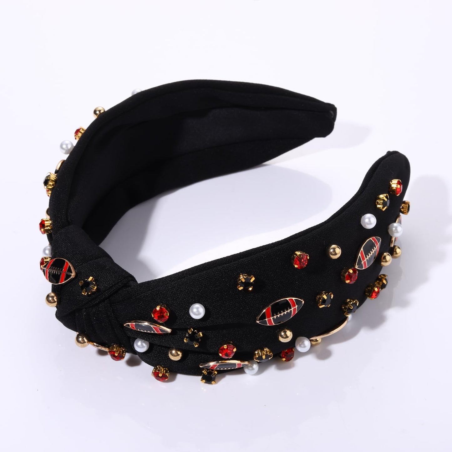 NVENF Football Headband for Women Football Mom Accessories Game Day Football Knotted Headband Jeweled Rhinestone Crystal Wide Top Knot Headband Black Red Game Day Hair Accessory (Red 3)